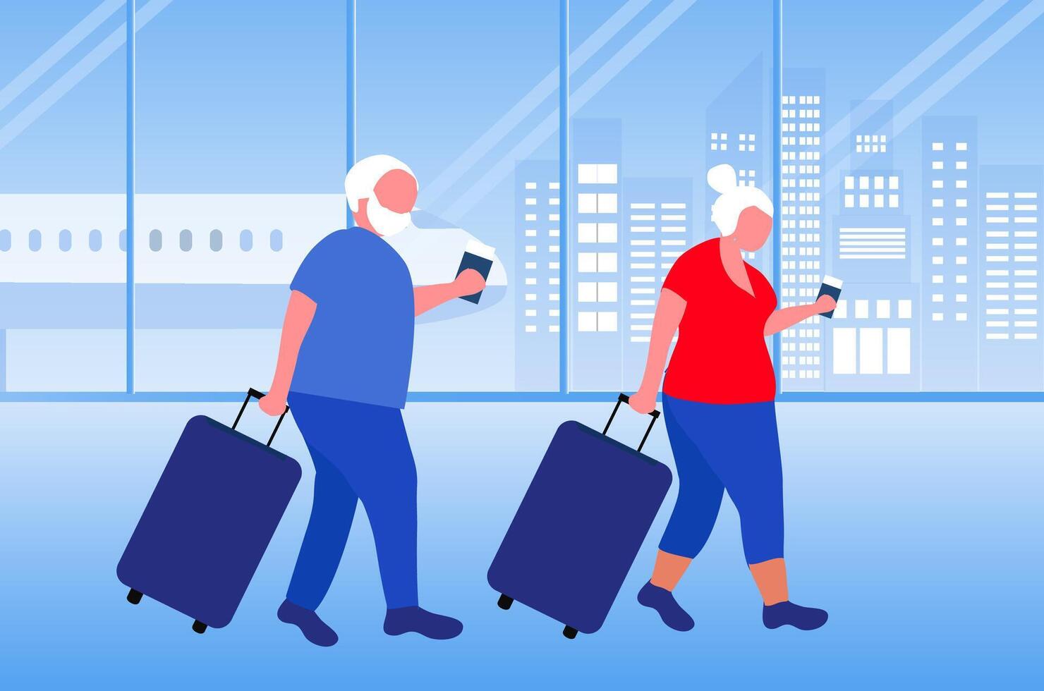 senior paar Holding paspoort en op reis zak voor reizend. veroudering bevolking en veroudering maatschappij vector illustratie