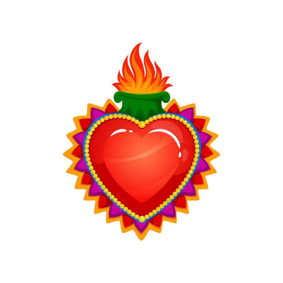 Mexicaans heilig hart met brandend vlammen, tatoeëren vector