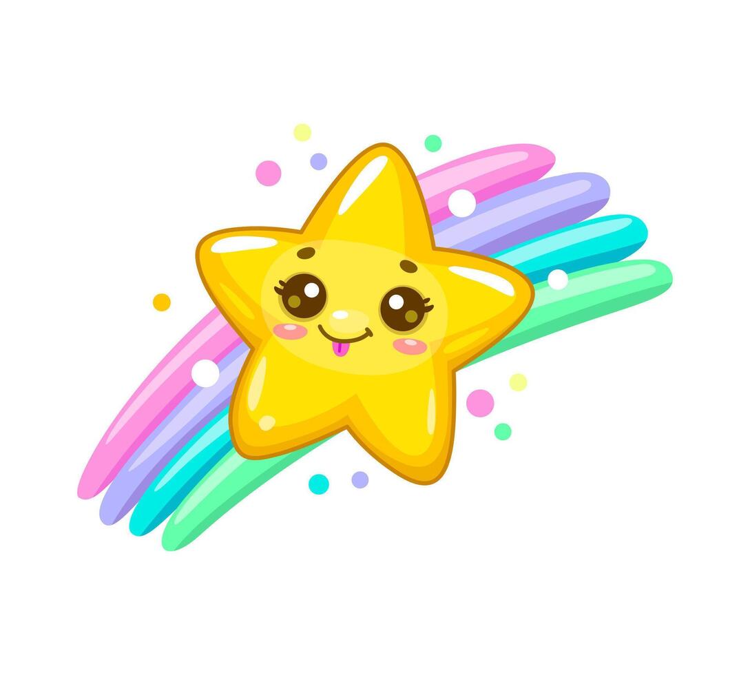 tekenfilm schattig kawaii ster Aan een levendig regenboog vector