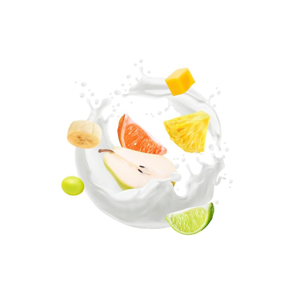 yoghurt drinken plons en melk wervelen, tropisch fruit vector