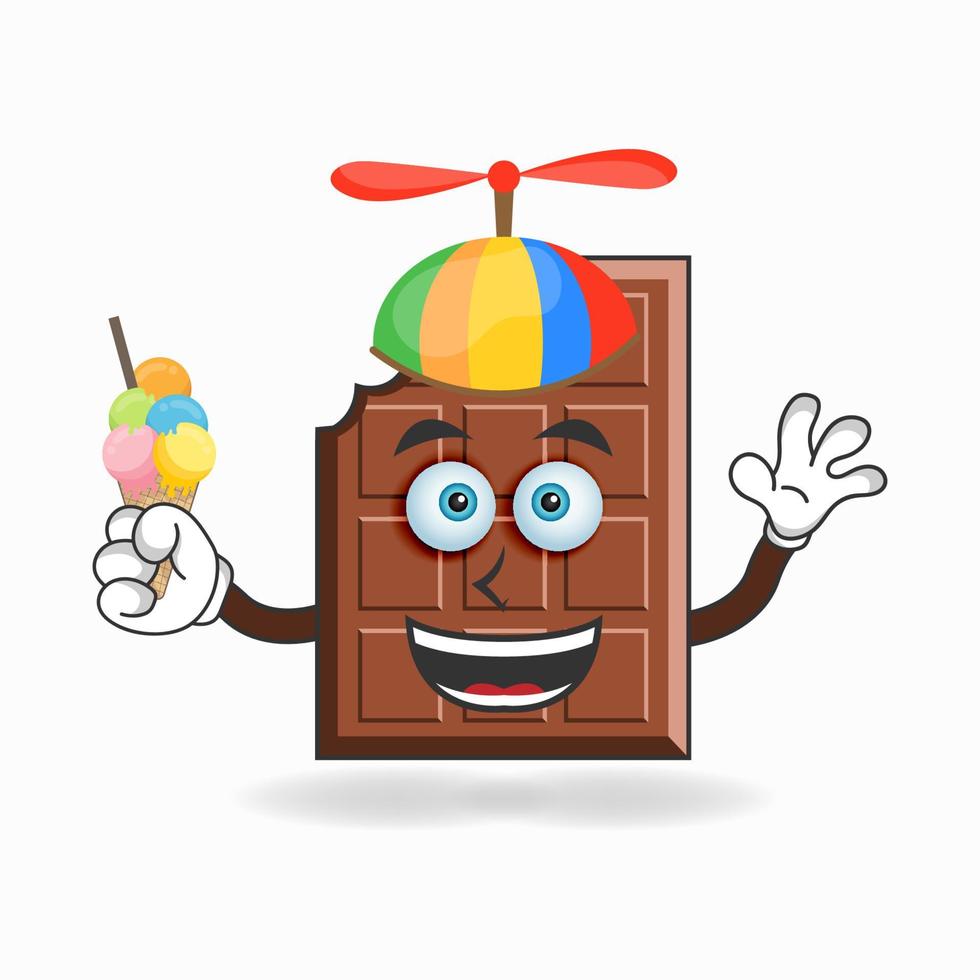 chocolade mascotte karakter met chocolade en kleurrijke hoed. vector illustratie
