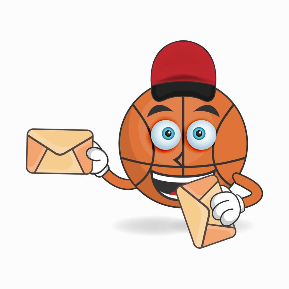 het karakter van de basketbalmascotte wordt een postbezorger. vector illustratie