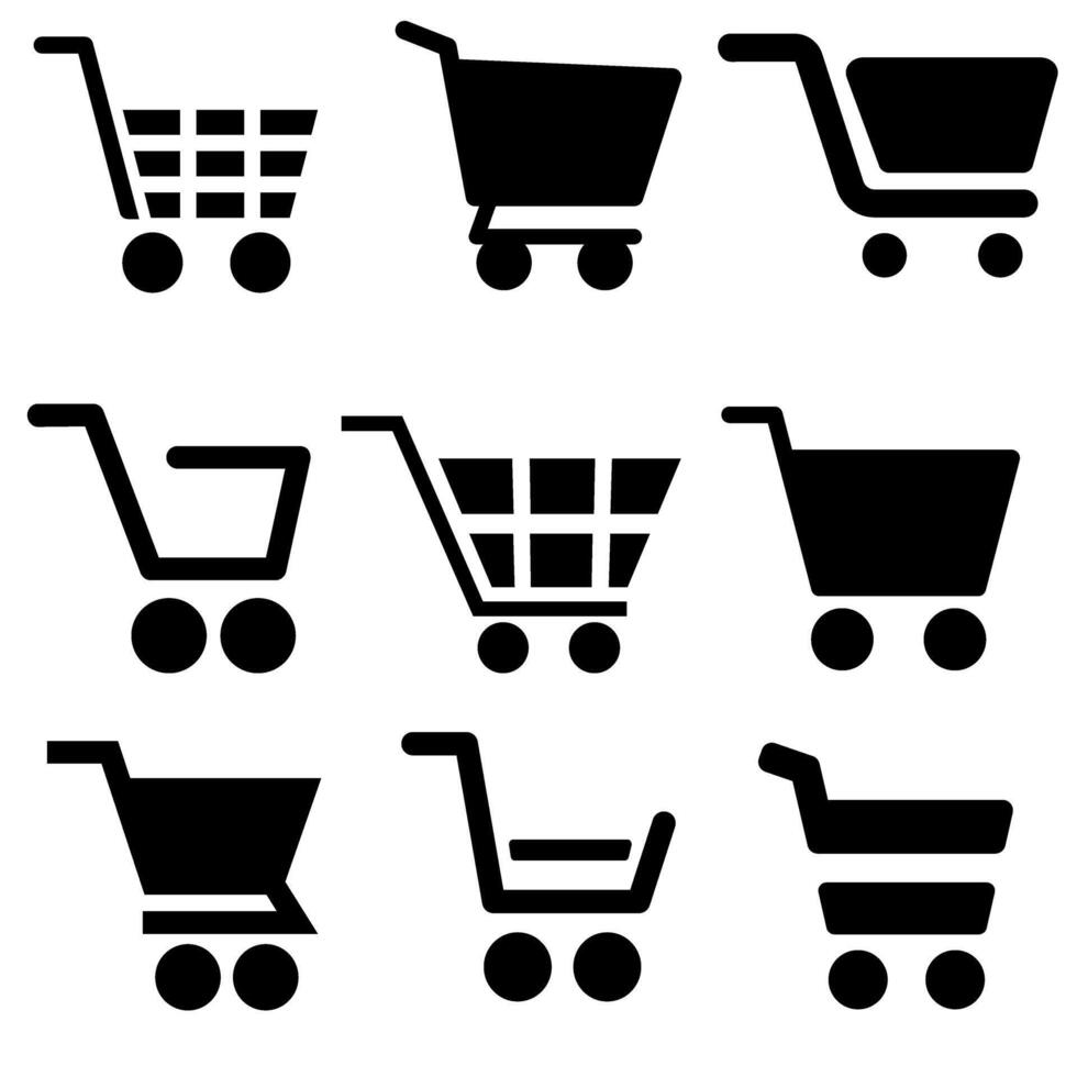 boodschappen doen kar icoon vector set. supermarkt illustratie teken verzameling. boodschappen doen symbool of logo.