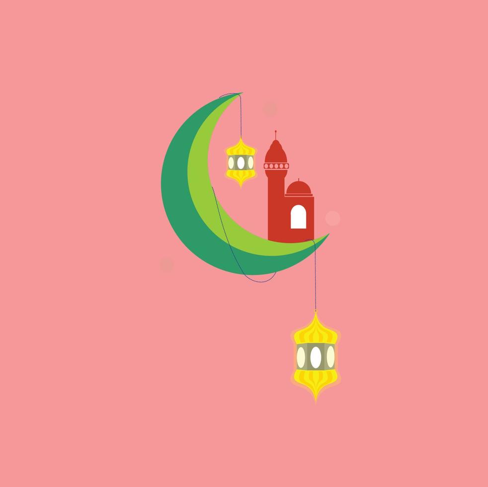 platte vectorillustratie met maan, moskee, ster en lantaarn ontwerpen. roze achtergrond. om islamitische feestdagen en ontwerpbehoeften te herdenken. vector