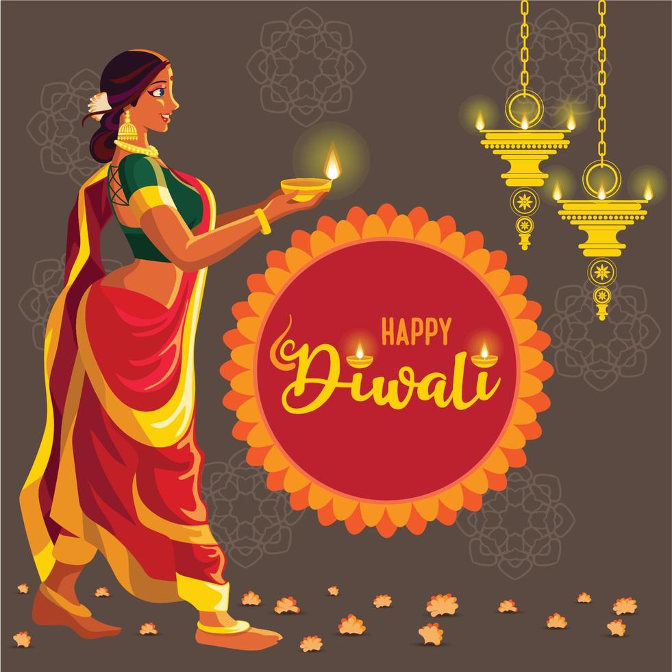 mooi meisje met heldere diwali-lamp vector