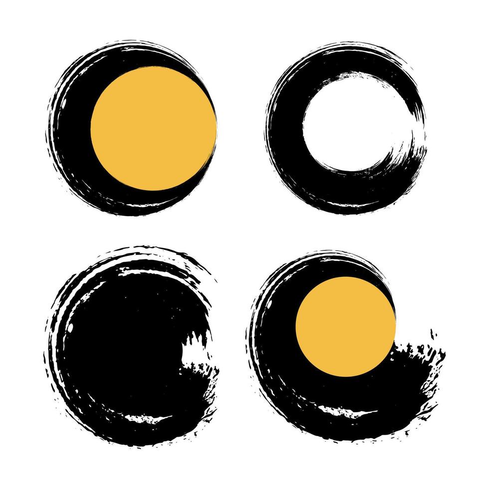 zwart en wit geel verf borstel slagen, reeks van zwart en wit borstel beroerte ronde cirkel, reeks van zwart en wit vlekken, reeks van zwart en wit vector kattebelletje ronde cirkel