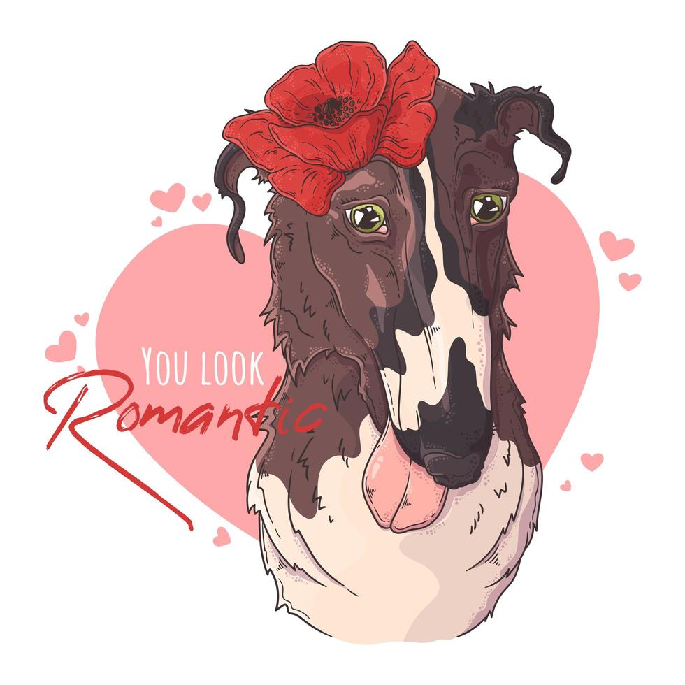 hand getekende borzoi hond met bloemen vector. geïsoleerde objecten voor uw ontwerp. elk object kan worden gewijzigd en verplaatst. vector