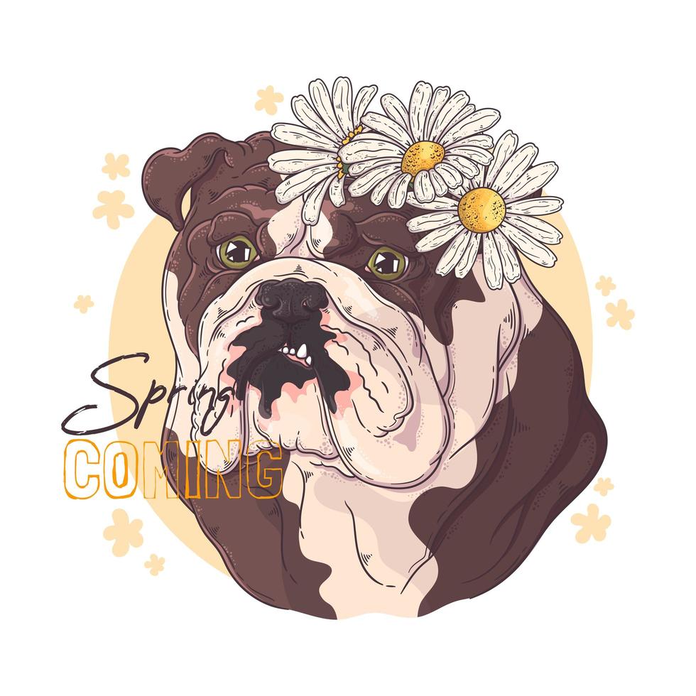 hand getekende bulldog met bloemen vector. geïsoleerde objecten voor uw ontwerp. elk object kan worden gewijzigd en verplaatst. vector