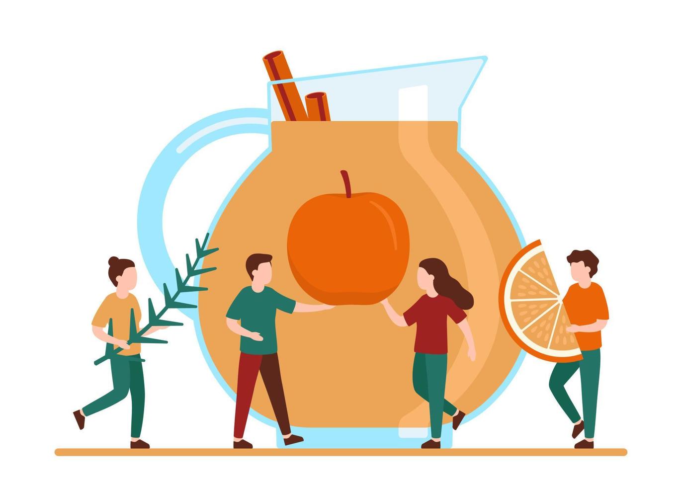 mensen maken sap, dieet-smoothie, verwarmende drank van fruit, sinaasappel, appel, kruiden en specerijen. fruit herfst drank in glazen kan voor voordeel en plezier. vector illustratie