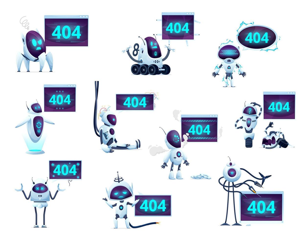 404 bladzijde met tekenfilm schermen, robots en droids vector