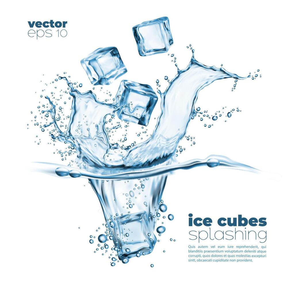 ijs kubussen vallend in water met plons en druppels vector