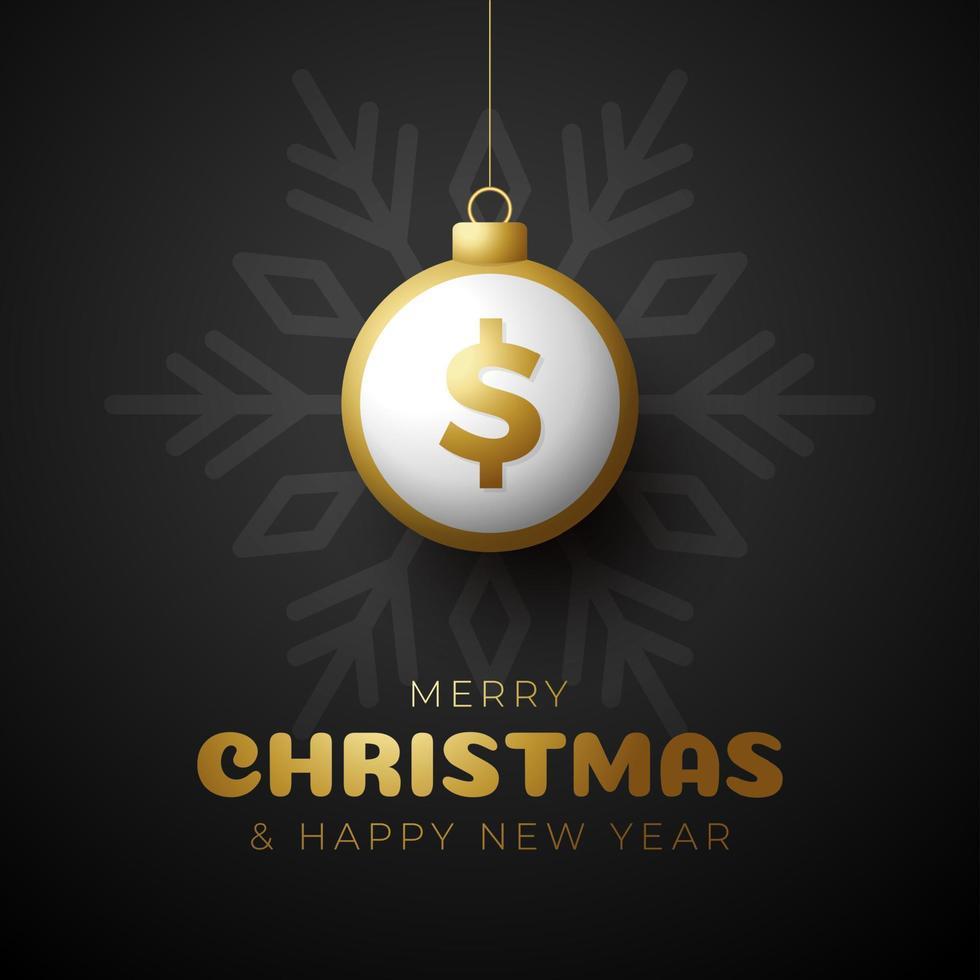 vrolijke kerst gouden dollar symbool banner. dollarteken als kerstbal hangende wenskaart. vector afbeelding voor kerstmis, financiën, nieuwjaarsdag, bankieren, geld