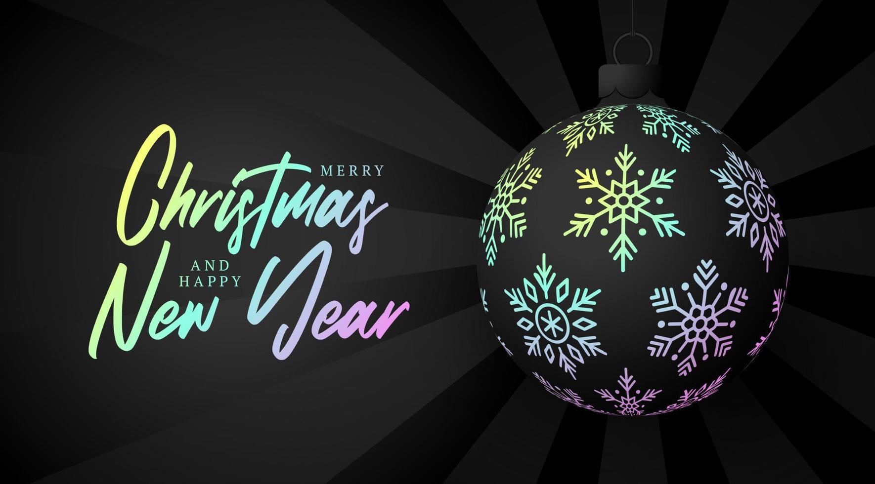 kerst wenskaart holografische folie bal bal. prettige kerstdagen en gelukkig nieuwjaar banner met iriserende realistische feestelijke balgradiënt holografische neon schaduwkleur. vector illustratie