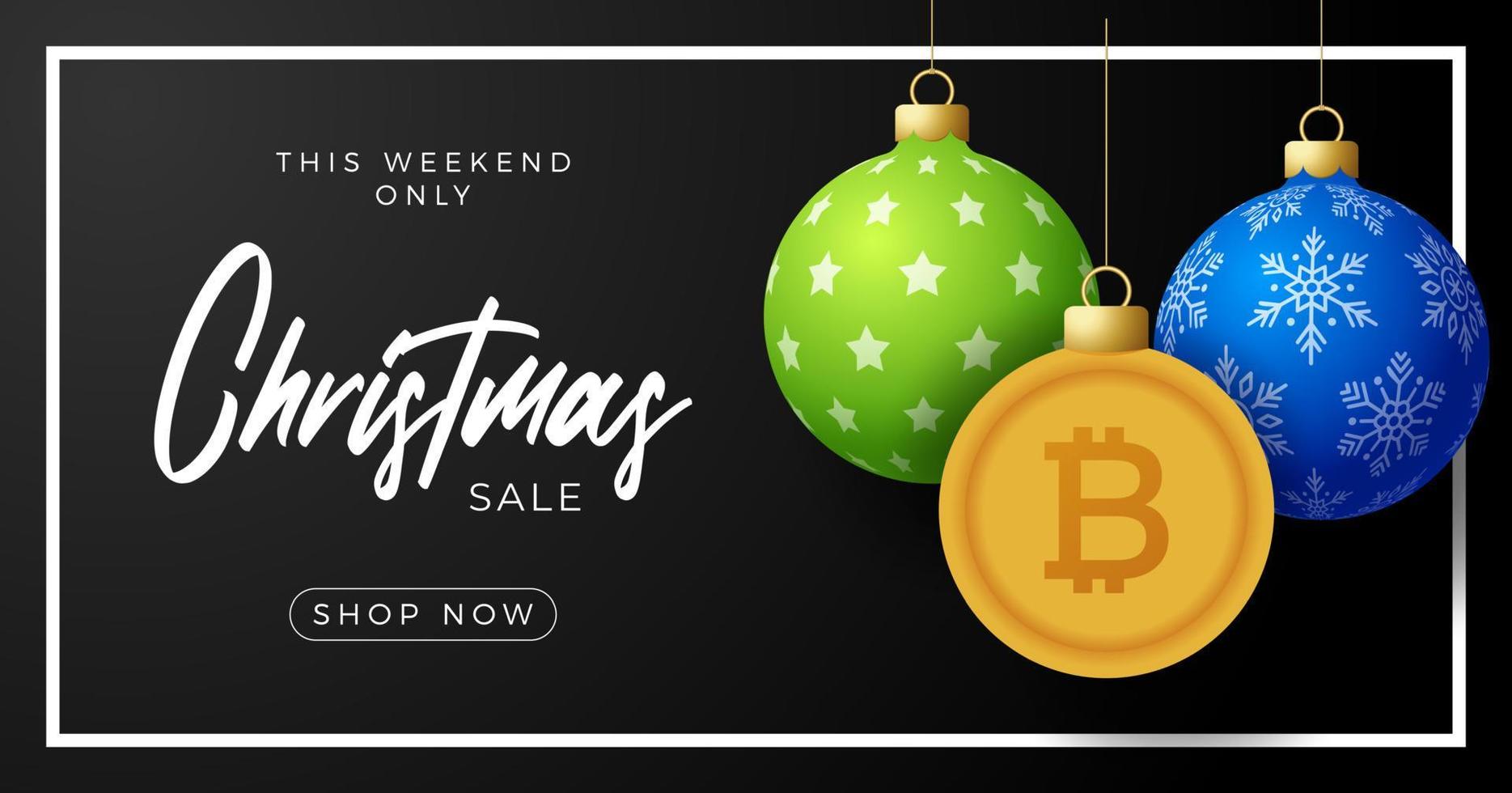 vrolijke kerst gouden bitcoin symbool banner. bitcoin teken als kerstbal hangende wenskaart. vector afbeelding voor kerstmis, financiën, nieuwjaarsdag, bankieren, geld