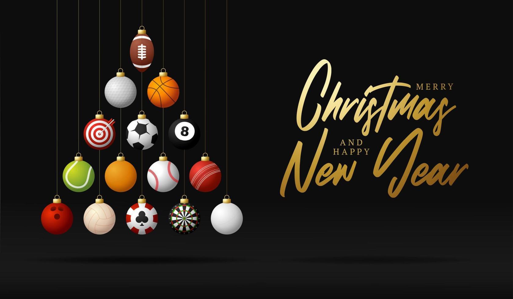 sport kerst illustratie. creatieve kerstboom gemaakt door voetbal, voetbal, basketbal, cricket, golf, honkbal, tennisbal. Kerstmis en Nieuwjaar realistische vector sport wenskaart banner