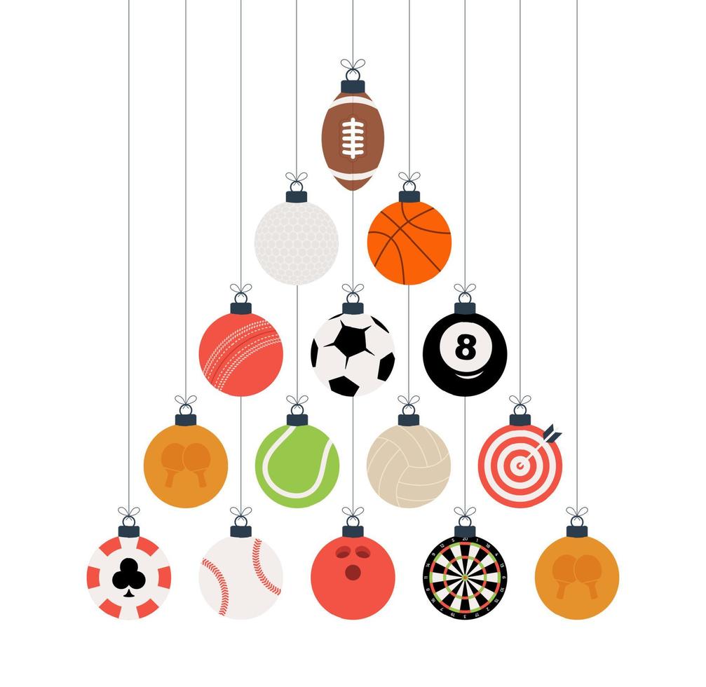 sport kerst illustratie. creatieve kerstboom gemaakt door voetbal, voetbal, basketbal, cricket, golf, honkbal, tennisbal. Kerstmis en Nieuwjaar platte vector sport wenskaart banner