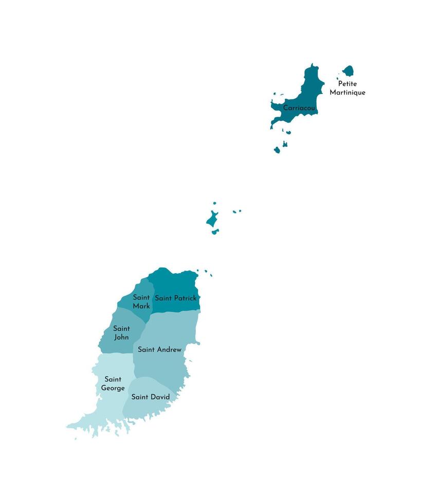 vector geïsoleerd illustratie van vereenvoudigd administratief kaart van grenen. borders en namen van de parochies, Regio's en eilanden met toestand van afhankelijkheid. kleurrijk blauw khaki silhouetten