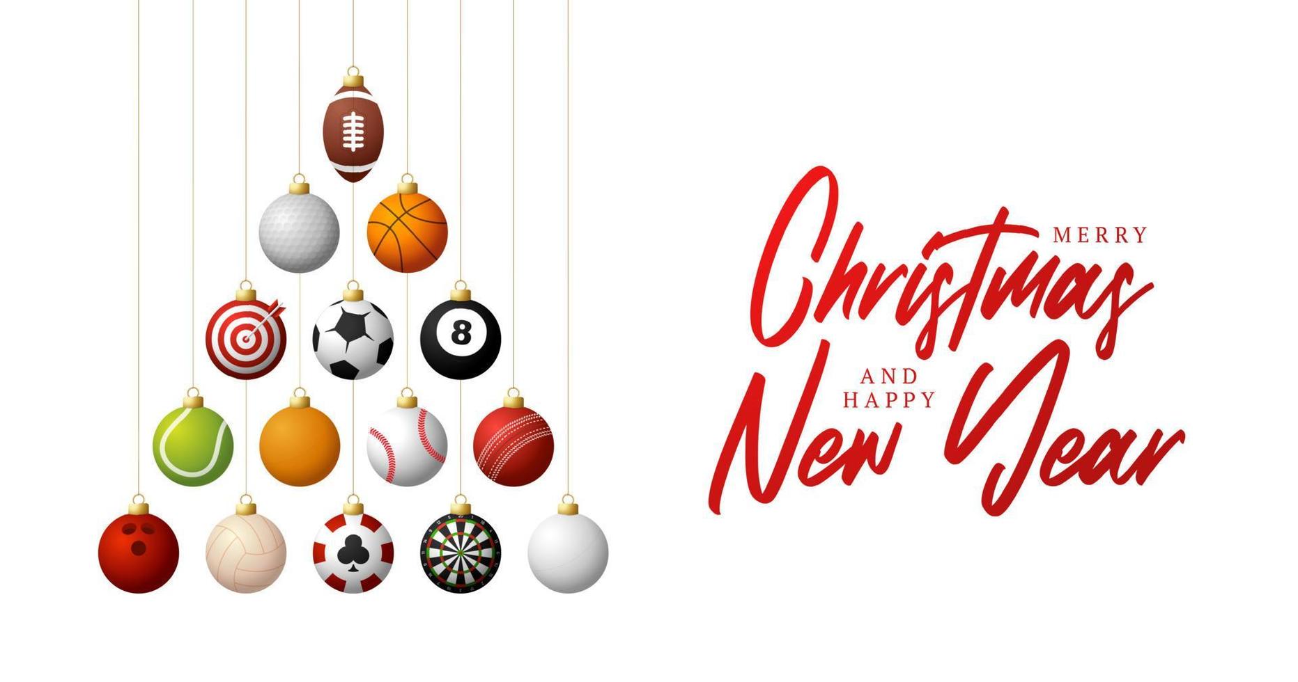 sport kerst illustratie. creatieve kerstboom gemaakt door voetbal, voetbal, basketbal, cricket, golf, honkbal, tennisbal. Kerstmis en Nieuwjaar realistische vector sport wenskaart banner