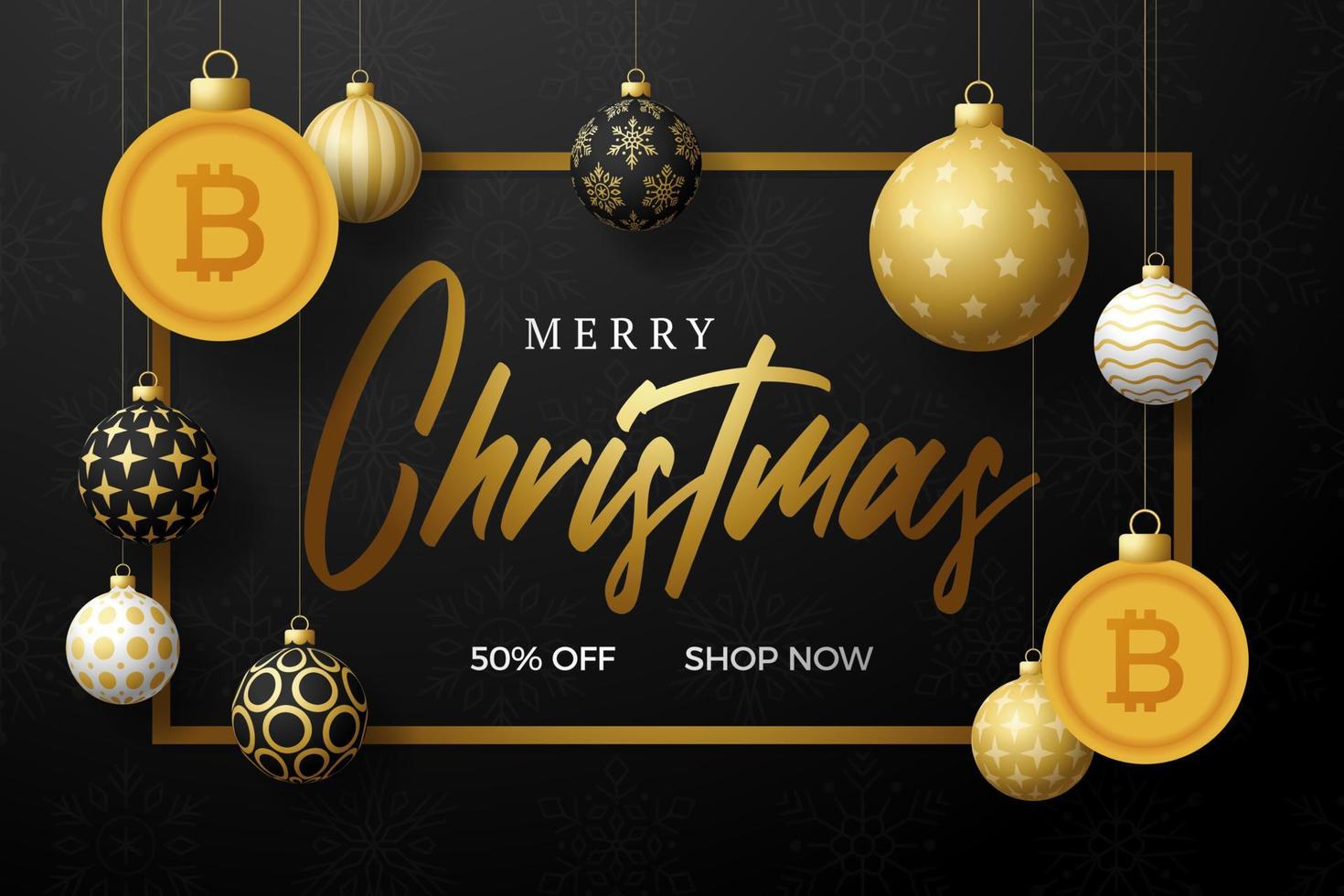 vrolijke kerst gouden bitcoin symbool banner. bitcoin teken als kerstbal hangende wenskaart. vector afbeelding voor kerstmis, financiën, nieuwjaarsdag, bankieren, geld