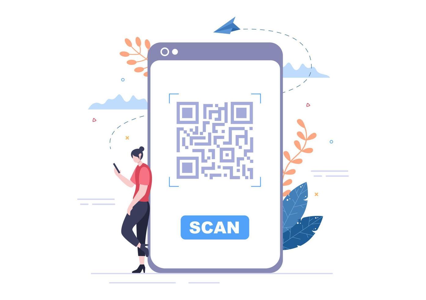 qr-codescanner voor online betaling, elektronisch betalen en geldoverdracht op smartphone met app in de hand. achtergrond vectorillustratie vector