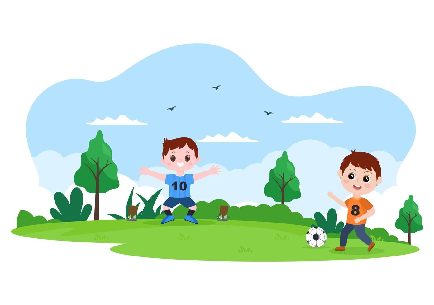 voetballen met jongens voetballen draag sportuniform verschillende bewegingen zoals trappen, vasthouden, verdedigen, pareren en aanvallen in het veld. vector illustratie