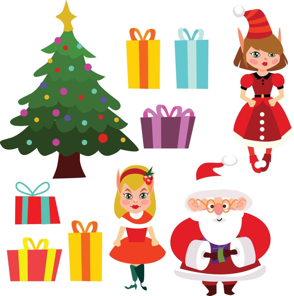 kerst versierde dennenboom en cartoon santa elf vector