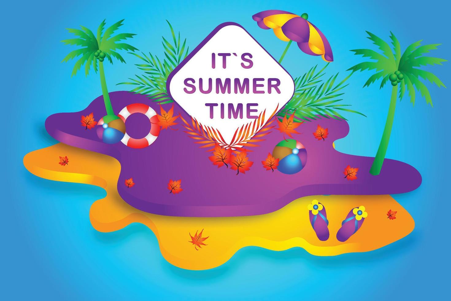hallo zomer heldere groetbanner. poster met tropische bladeren, ballen, parasol op twee kleuren geometrische achtergrond. vectorillustratie. vector