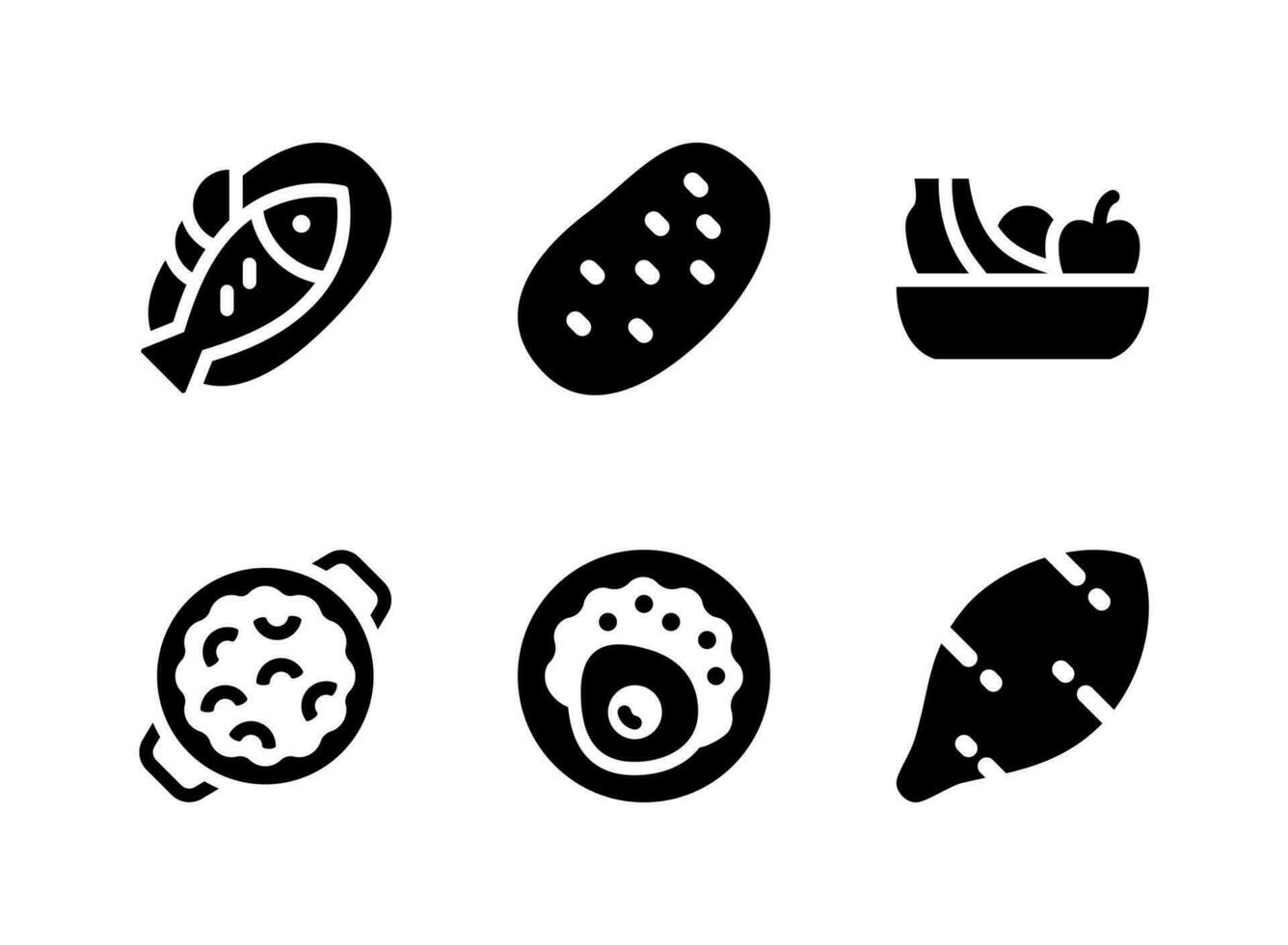 eenvoudige set van voedsel gerelateerde vector solide pictogrammen. bevat pictogrammen als gekookte vis, aardappel, fruit en meer.