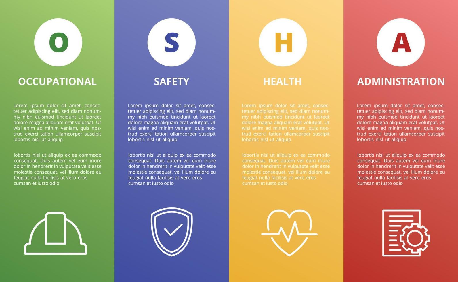 osha bedrijfsveiligheid gezondheidsadministratie concept sjabloon voor infographics met pictogram en volledige gebiedsvorm vector