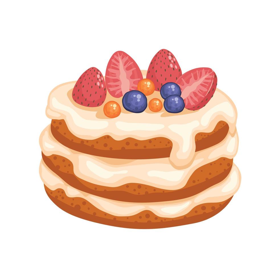 illustratie van zoete gebakken vector geïsoleerde taarten set. aardbeienglazuurtaart voor vakantie, cupcake, bruine chocoladetaart gourmet, kleurrijke verjaardagsviering kersen brownie bakkerij met fruit