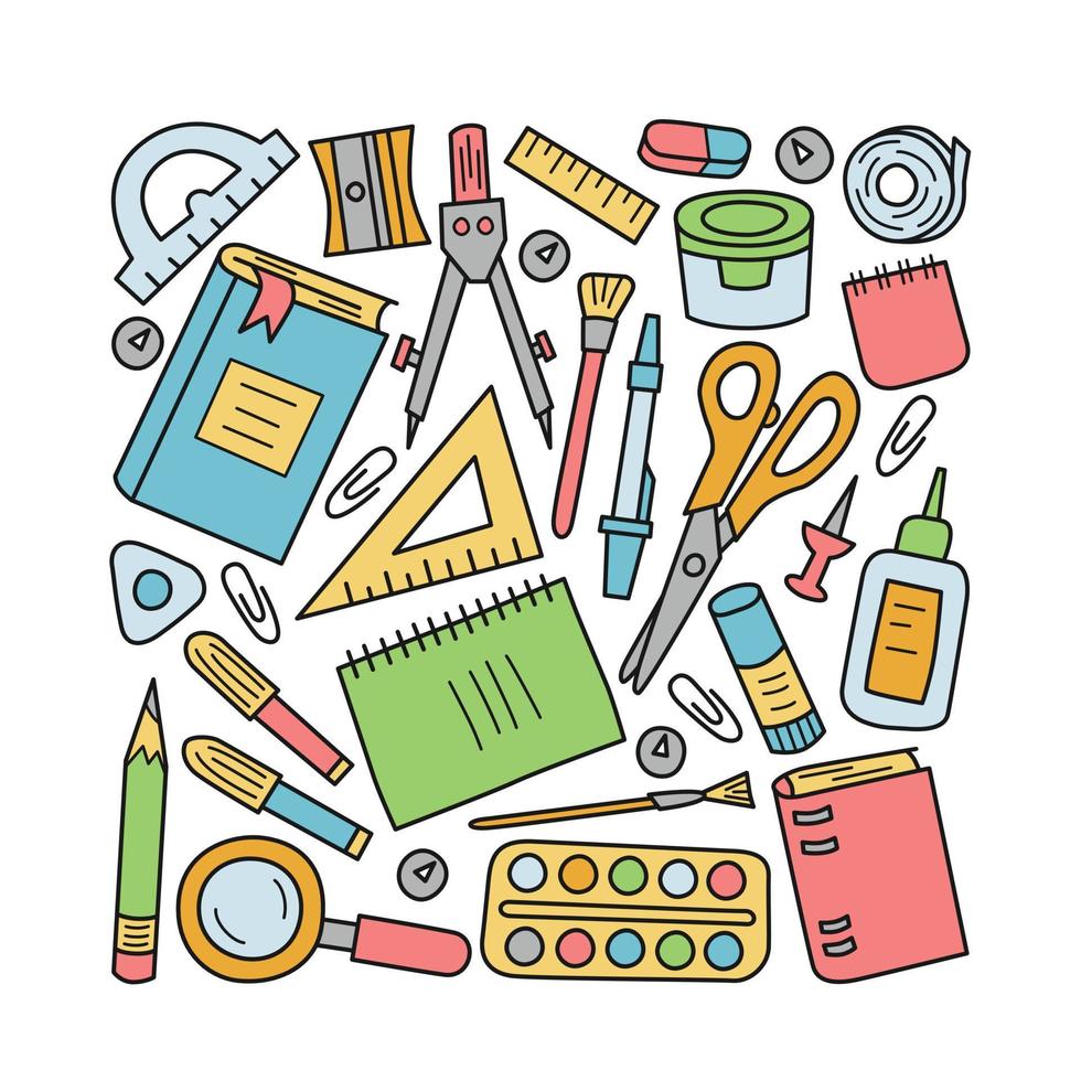 set school- en kantoorbenodigdheden in doodle en cartoonstijl. vector illustratie