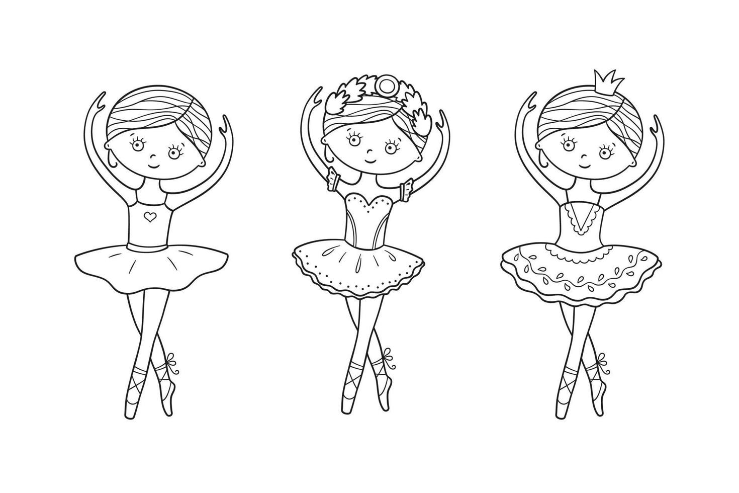 kleine schattige ballerina in pointe-schoenen en jurk. geïsoleerde set vectorillustraties in doodle stijl vector