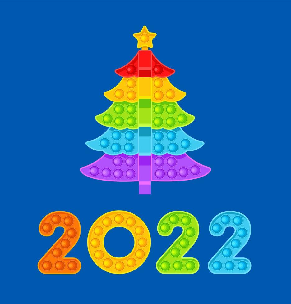 kerstboom en gekleurde cijfers 2022. nieuwjaar, antistress speelgoed. vectorillustratie op blauwe achtergrond vector