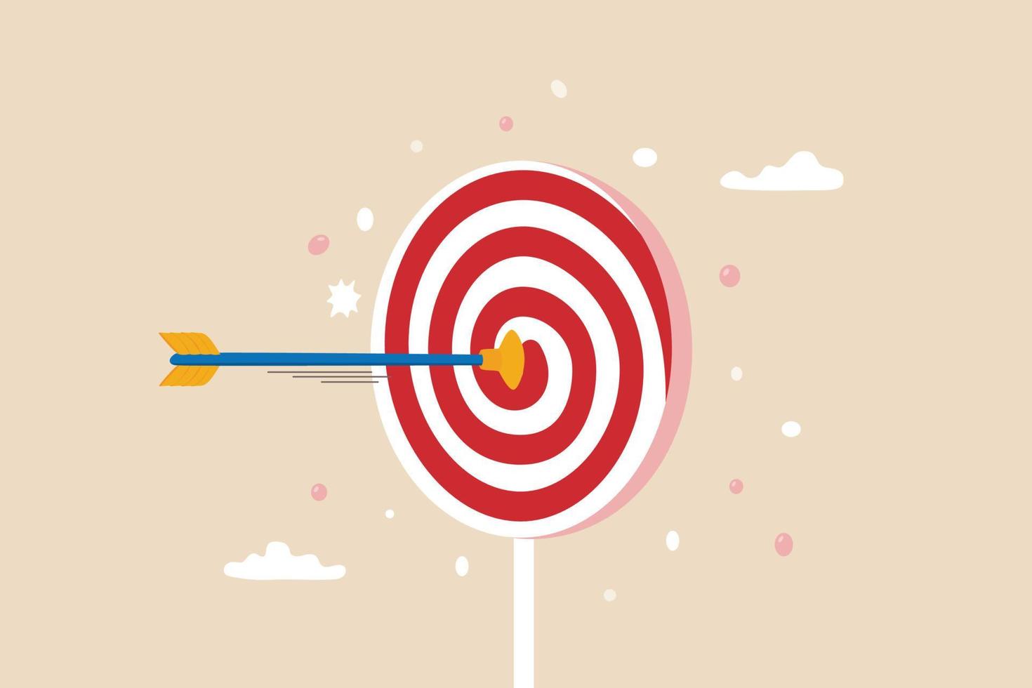 gericht op onderwijsdoel voor kinderen, kennis of vaardigheid van het kind, humor zakelijk doel of prestatieconcept, boogpijl kinderen speelgoed met zuignap hit zoete lollypop bullseye target. vector