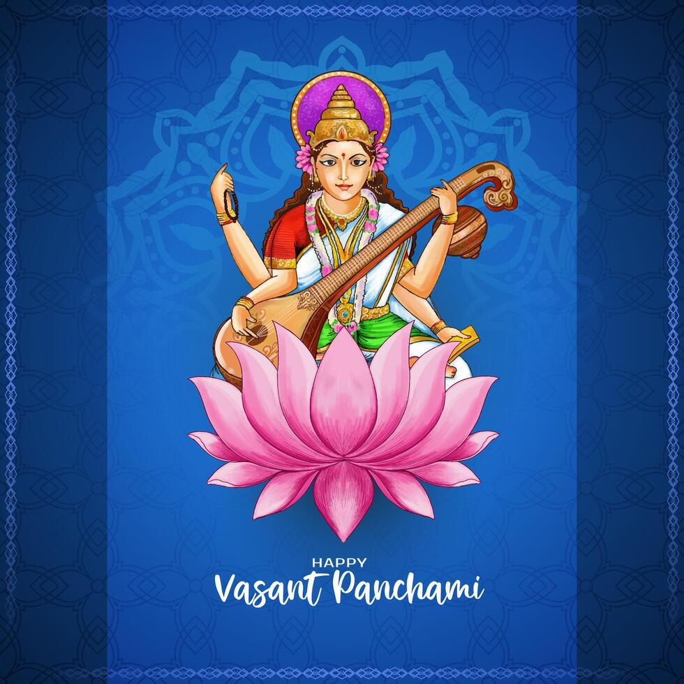 gelukkig vasant panchami festival viering kaart met godin saraswati illustratie vector