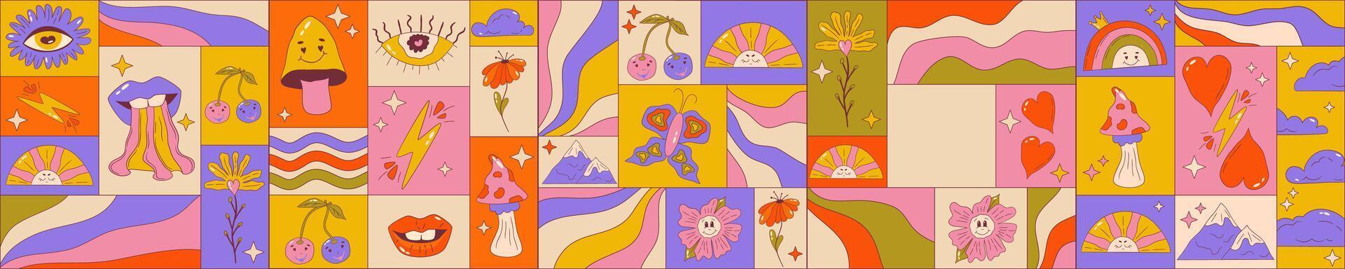 trippy grafisch poster reeks met retro groovy elementen. poster plein met lippen, bloem, kers en Golf. trippy groovy jaren 70 grafisch. tekenfilm vector illutration