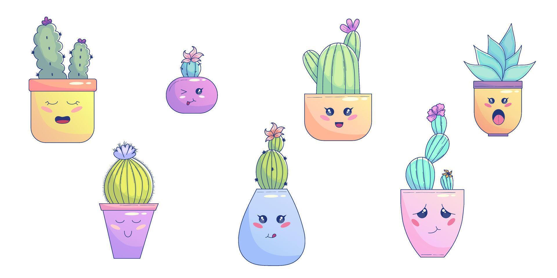 schattig kawaii cactus reeks in pot met gezicht. schattig pastel sappig kawaii glimlach. cactus karakter in pot. vector grafisch illustratie