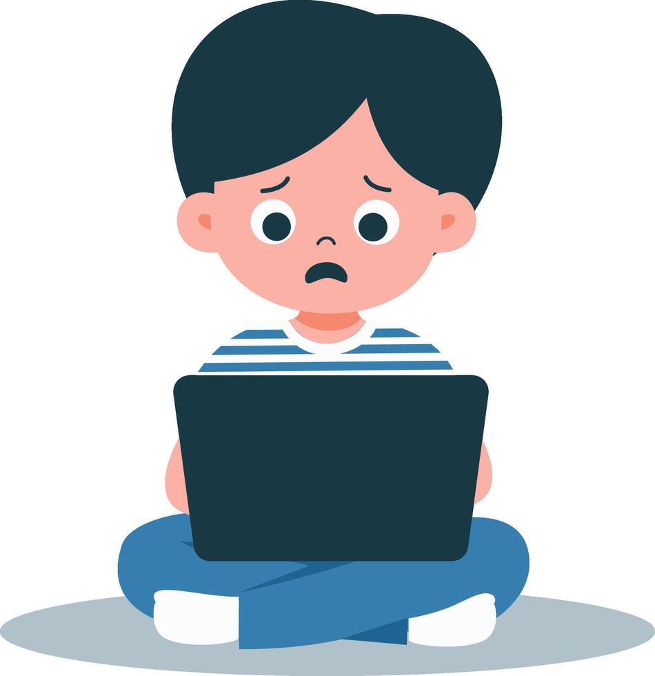 vlak vector illustratie. een jongen is zittend Bij haar laptop en is bang. de laptop heeft verboden inhoud voor kinderen
