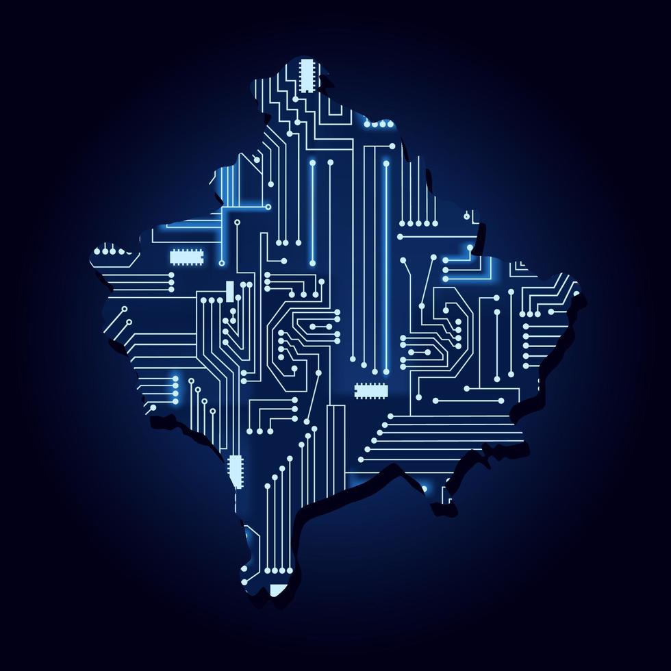 contourkaart van kosovo met een technologisch elektronicacircuit. vector