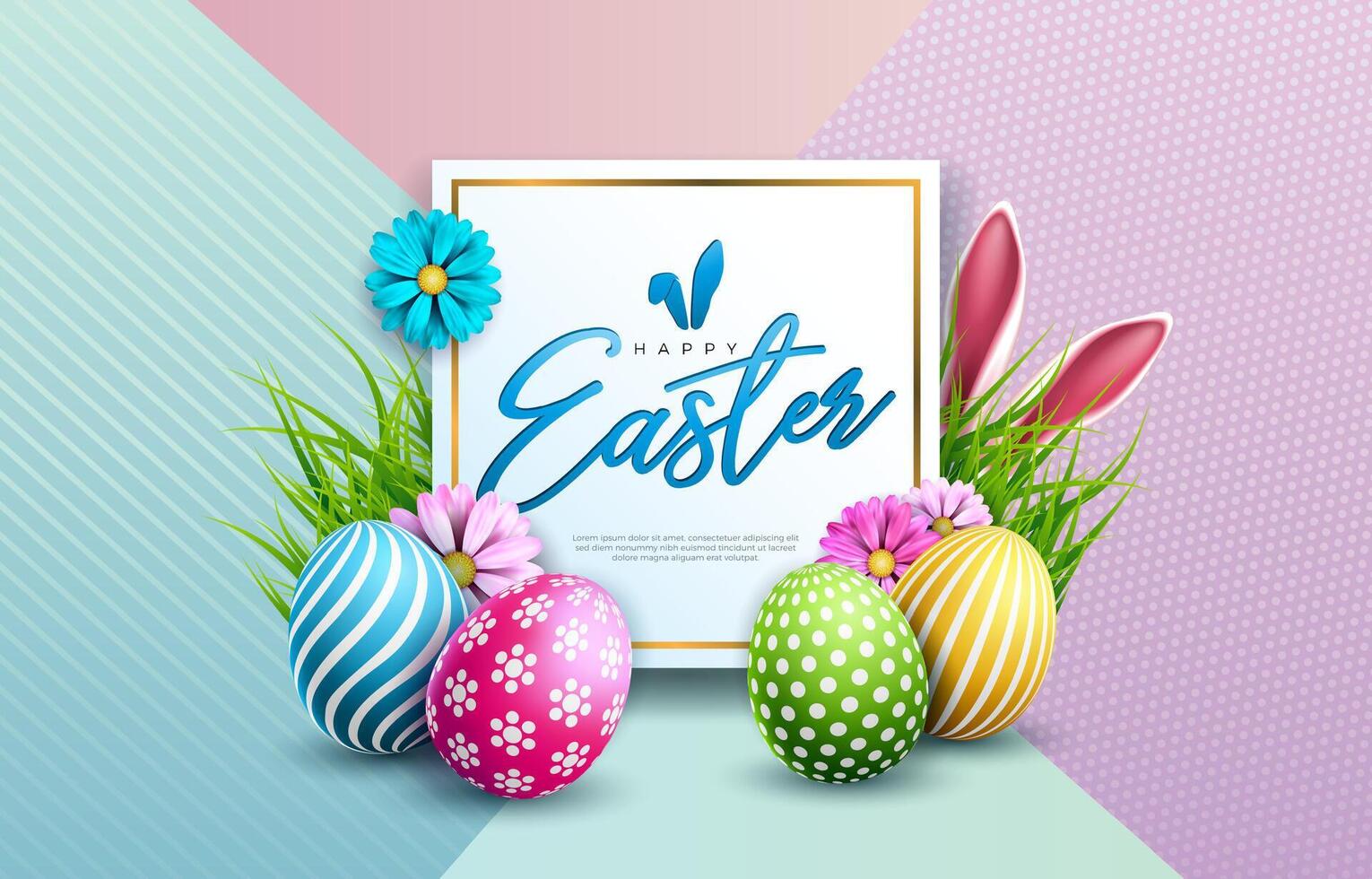 vector illustratie van gelukkig Pasen vakantie met kleurrijk geschilderd ei, konijn oren en voorjaar bloem Aan pastel kleur achtergrond. Internationale viering ontwerp met typografie voor groet kaart