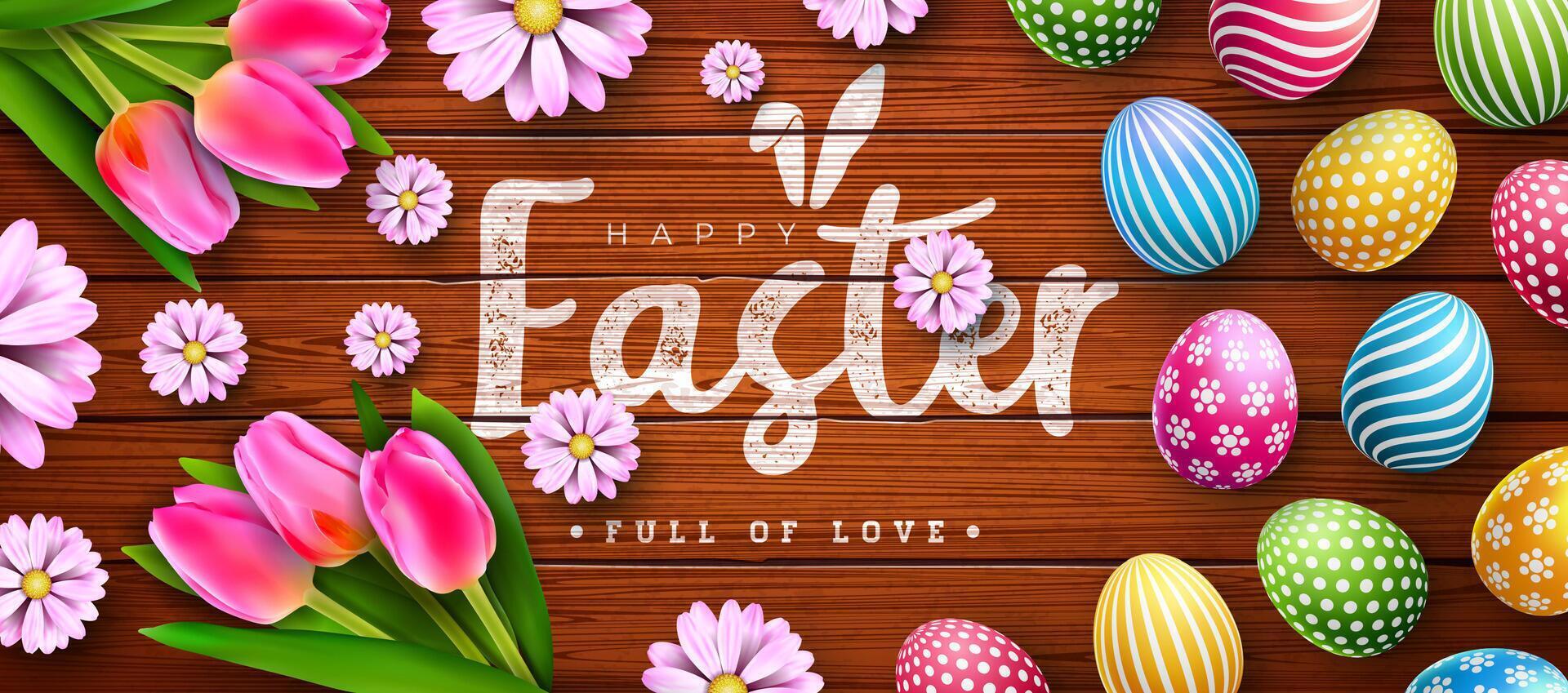 vector illustratie van gelukkig Pasen vakantie met kleurrijk geschilderd ei, tulp en voorjaar bloem Aan wijnoogst hout achtergrond. Pasen dag viering ontwerp met typografie brief voor folder