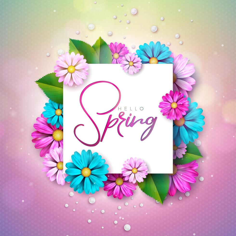 vector illustratie Aan een voorjaar natuur thema met mooi kleurrijk bloem Aan groen achtergrond. bloemen ontwerp sjabloon met typografie brief voor banier, folder, uitnodiging, poster of groet kaart