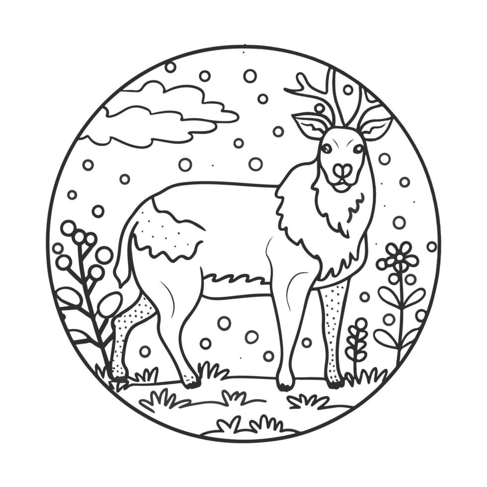 een hert in de sneeuw met bloemen en planten kleur bladzijde vector