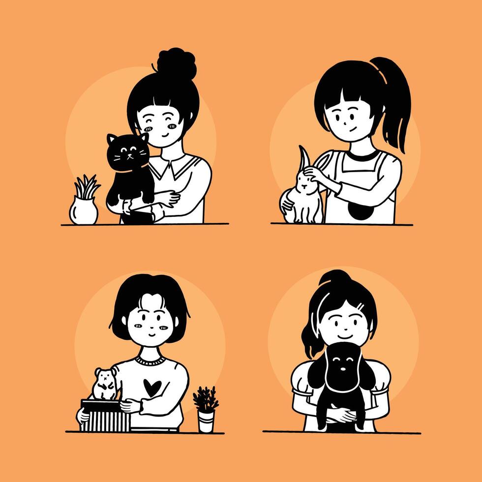 meisjes spelen met haar huisdier kat, hond, konijn en hamster vector illustratie