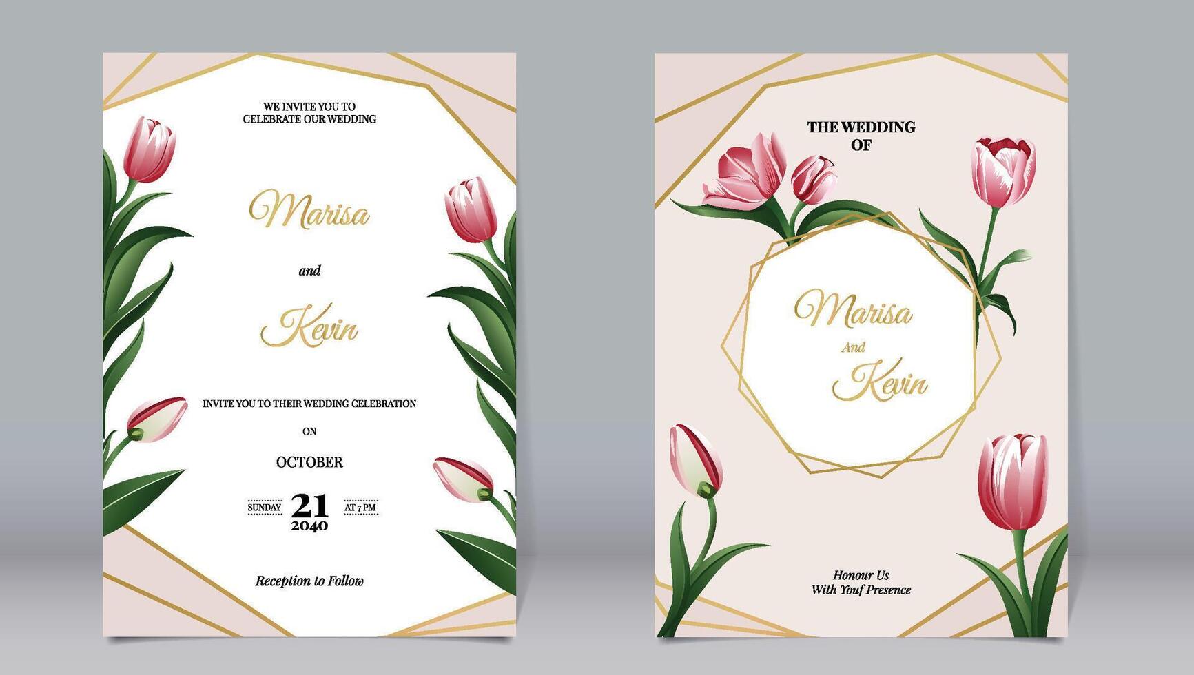 elegant luxe uitnodiging en tulp bloemen met goud veelhoek versierd elementen vector