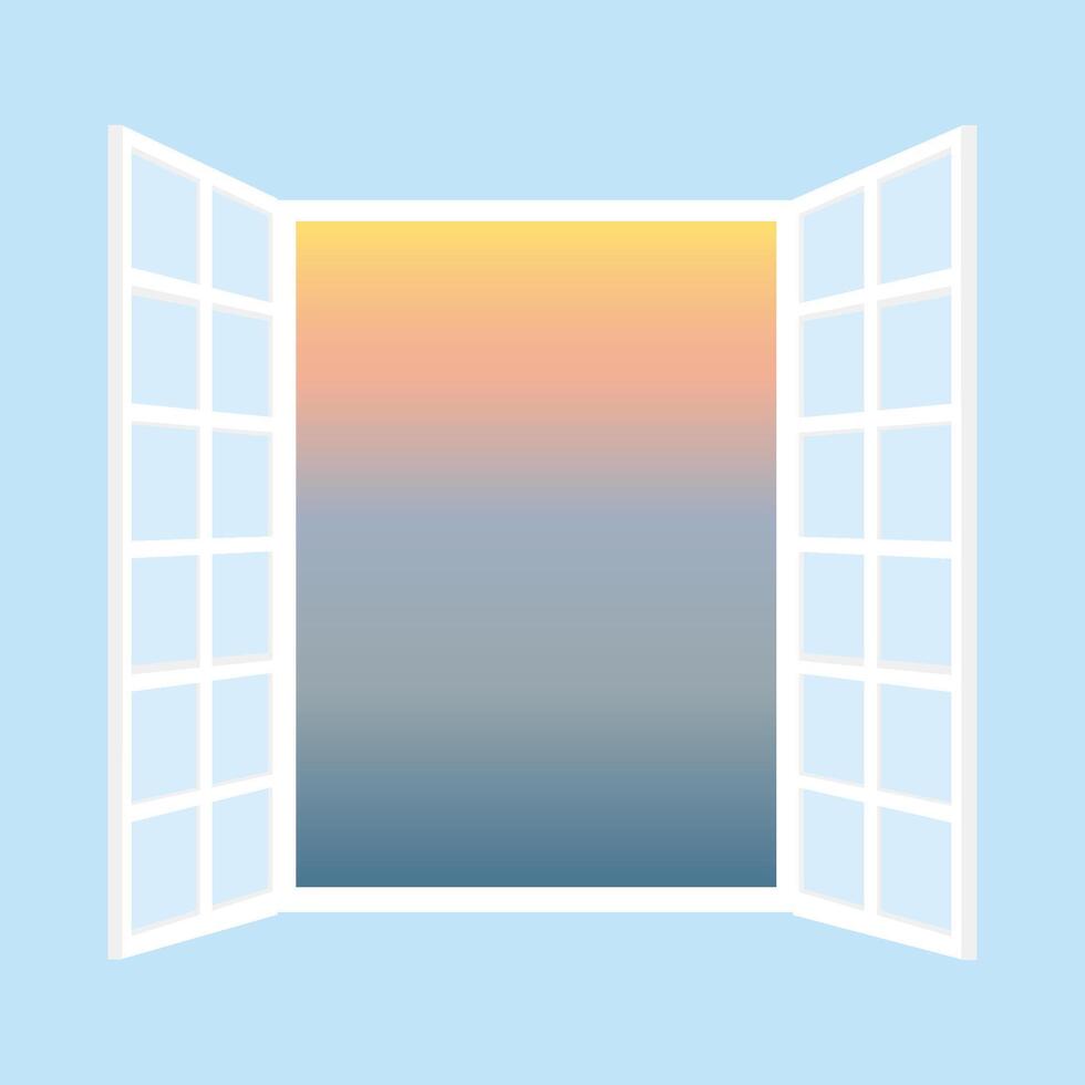 Open venster en zonsondergang visie van kamer met blauw muur vector illustratie