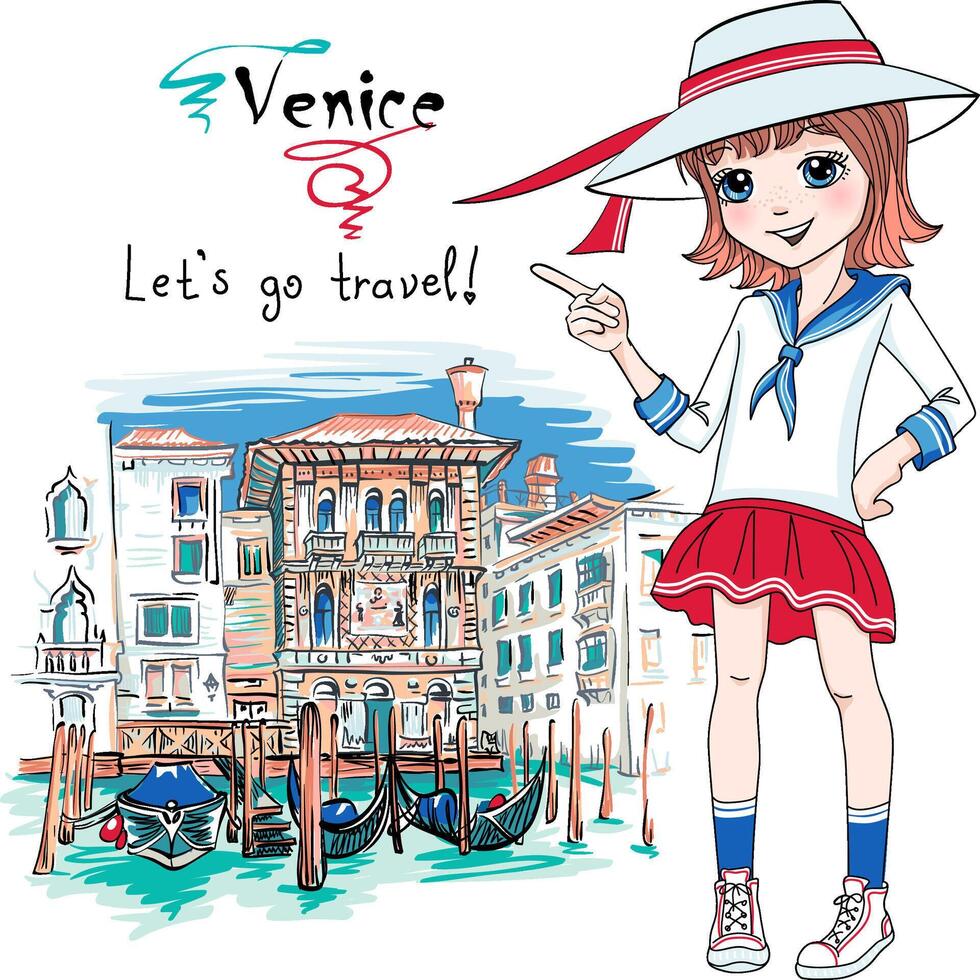 schattig mode meisje in Venetië, italië. vector