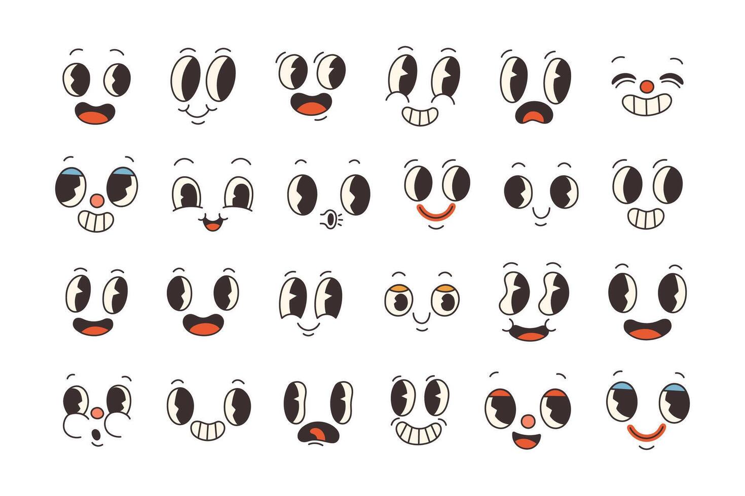 reeks van jaren 70 groovy grappig gezichten vector. verzameling van tekenfilm karakter gezichten, in verschillend emoties, Vrolijk, verdrietig, vrolijk. schattig retro groovy hippie illustratie voor decoratief, sticker. vector