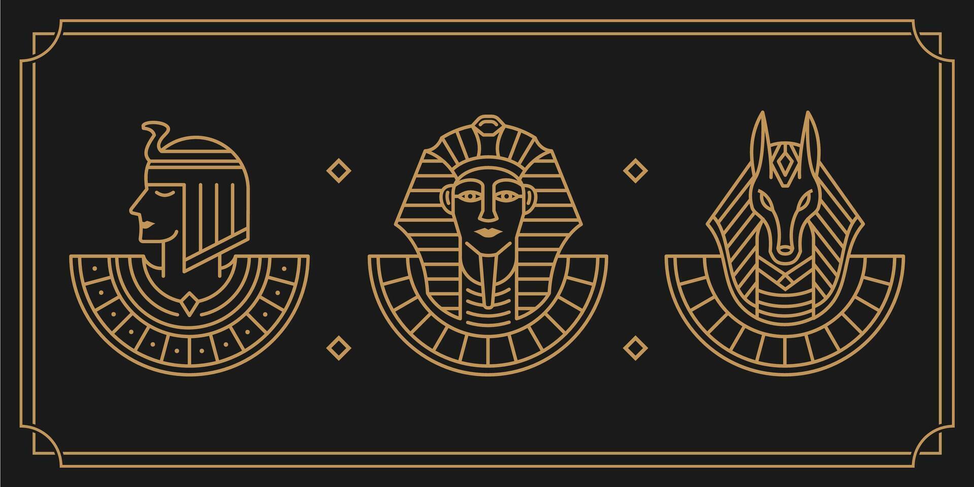 Cleopatra, Farao en Anubis oude Egypte god wijnoogst kunst hipster lijn kunst illustratie vector. wijnoogst artwork lineair stijl verzameling set. behang kunst van Egypte goden Aan donker achtergrond vector