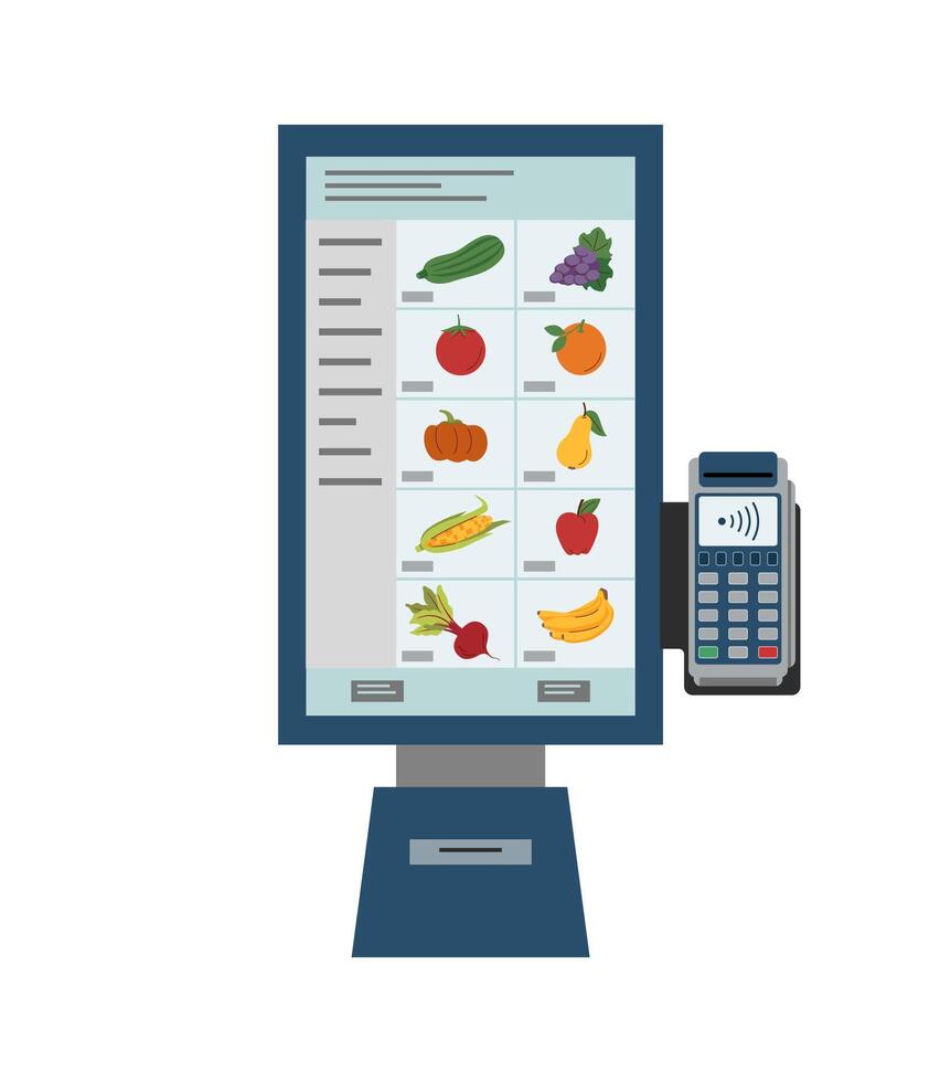 voedsel kiosk voor zelf bestellen en zelf betaling. interactief kiosk met fruit en groenten in vlak stijl geïsoleerd Aan wit. vector